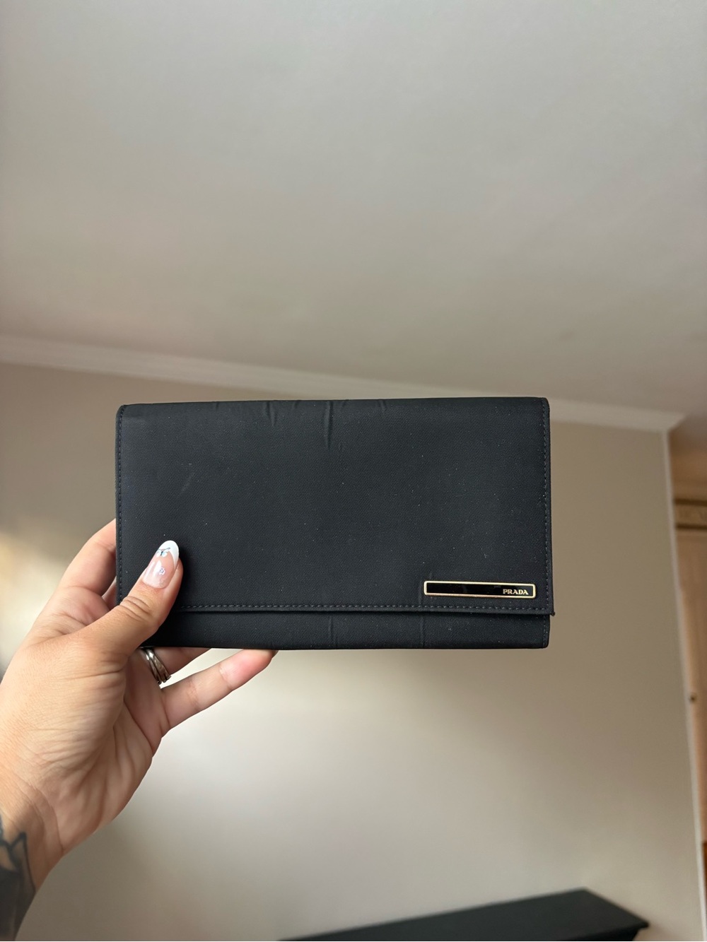 Prada Black Saffiano Continental Wallet with Gold Accent